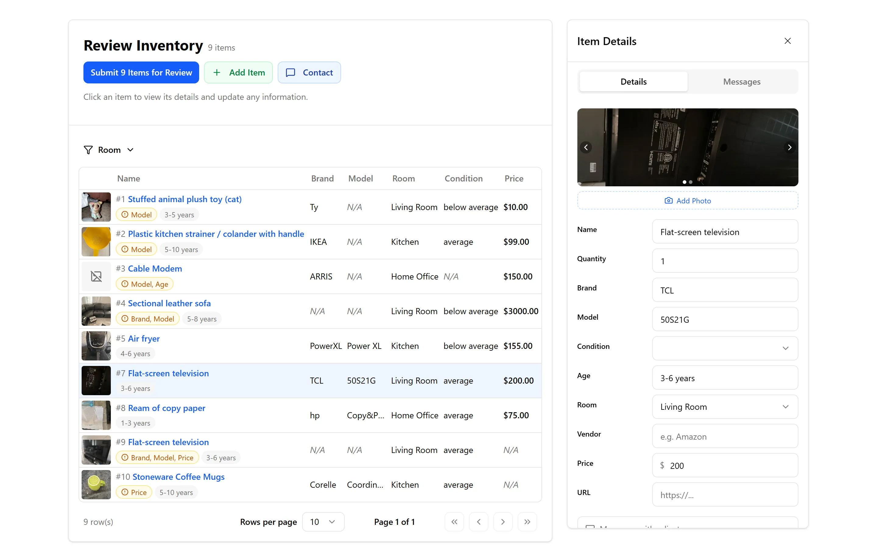 Policyholder view showing item list and info requests