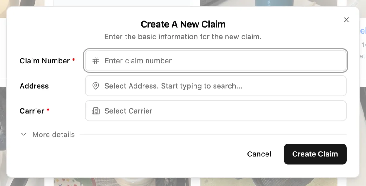 New claim creation screen