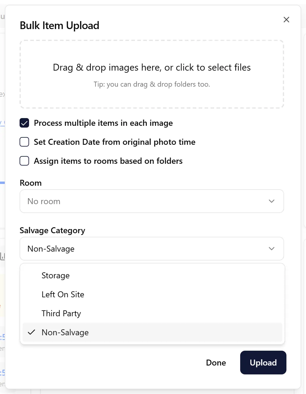 Upload settings with Multiple Items Mode enabled and Salvage Category dropdown open