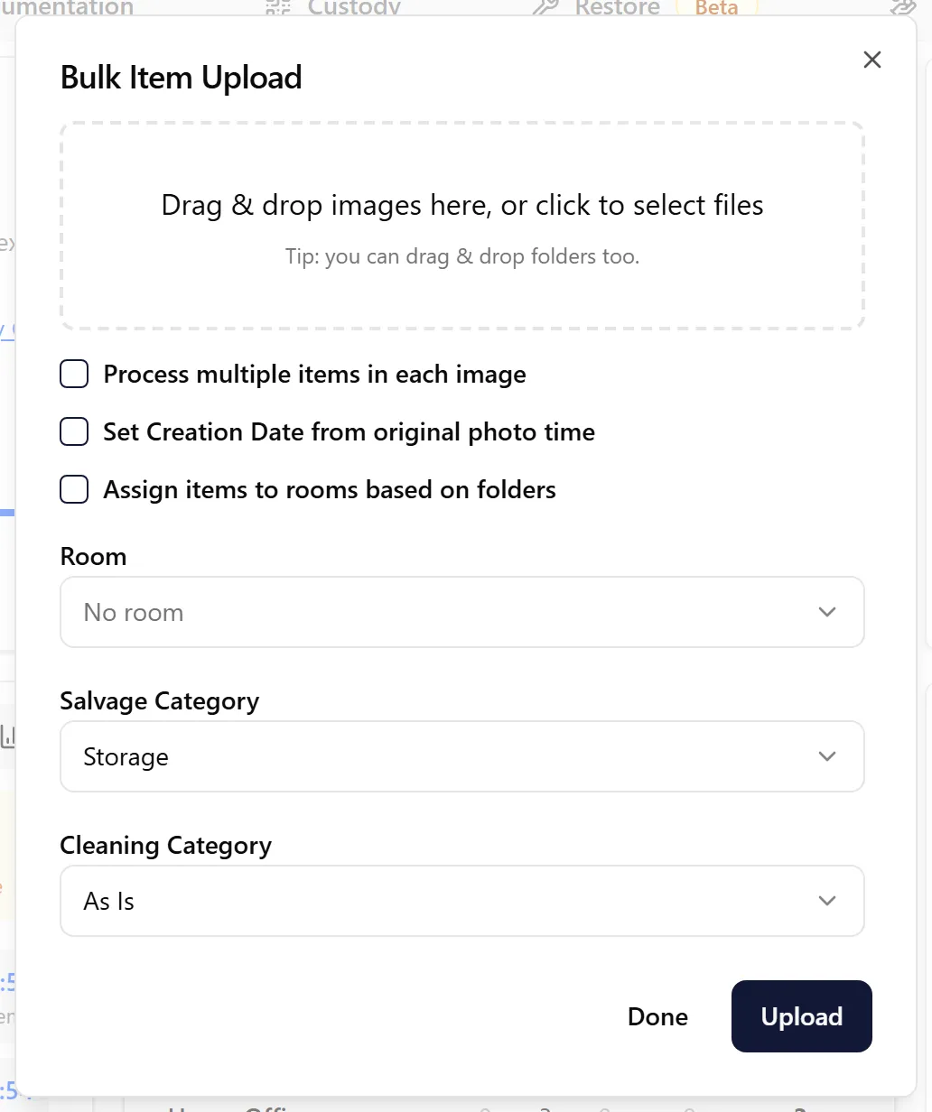 Bulk Item Upload dialog