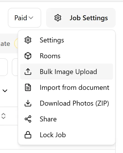 Job Settings menu with Bulk Image Upload option