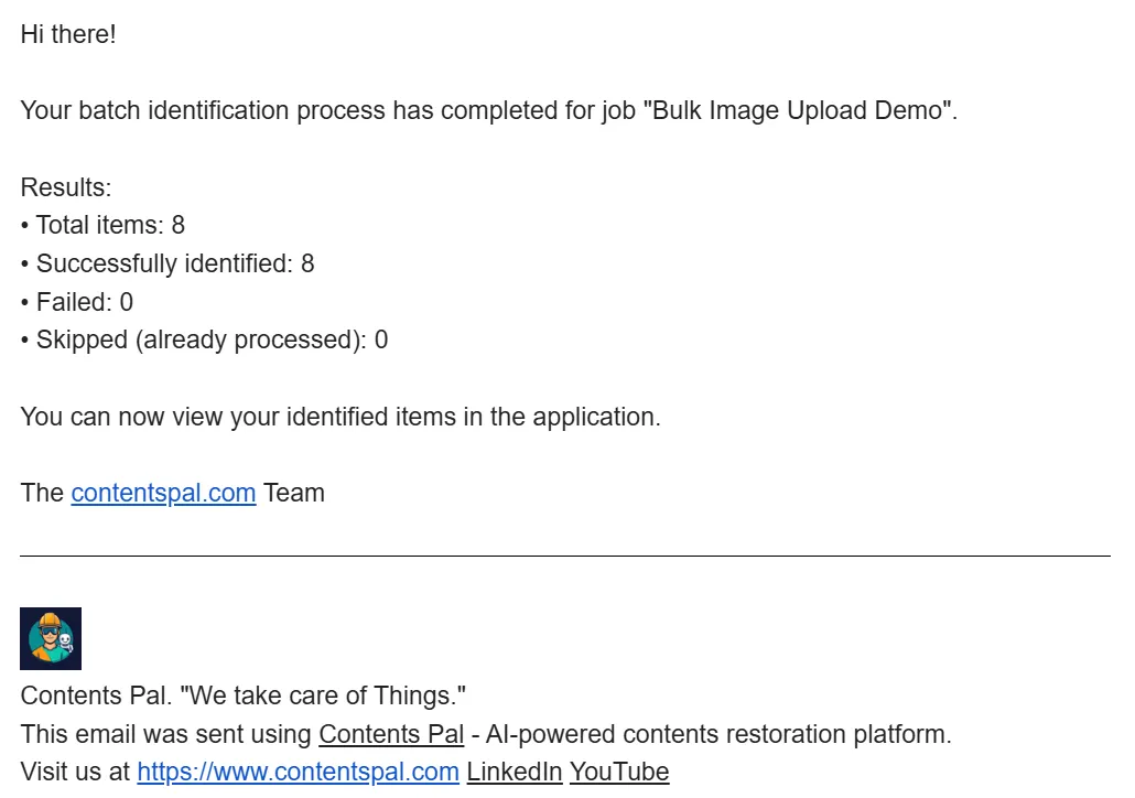 Email confirmation with batch identification results