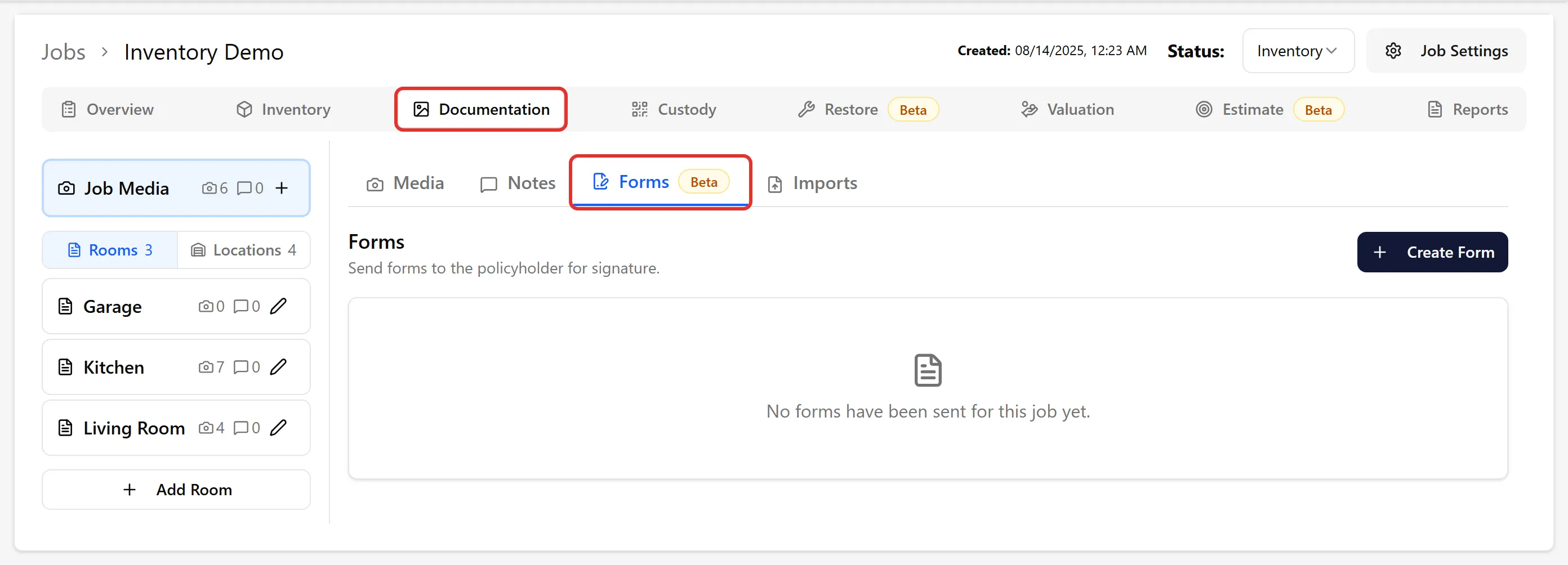 Forms inner tab on Job Documentation