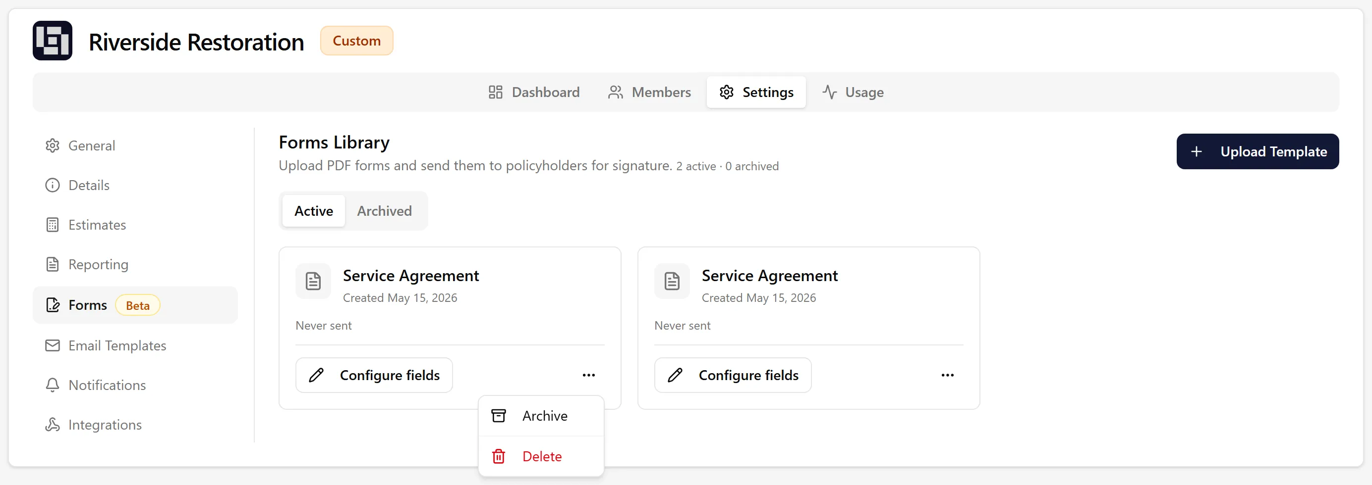 Forms library showing template cards