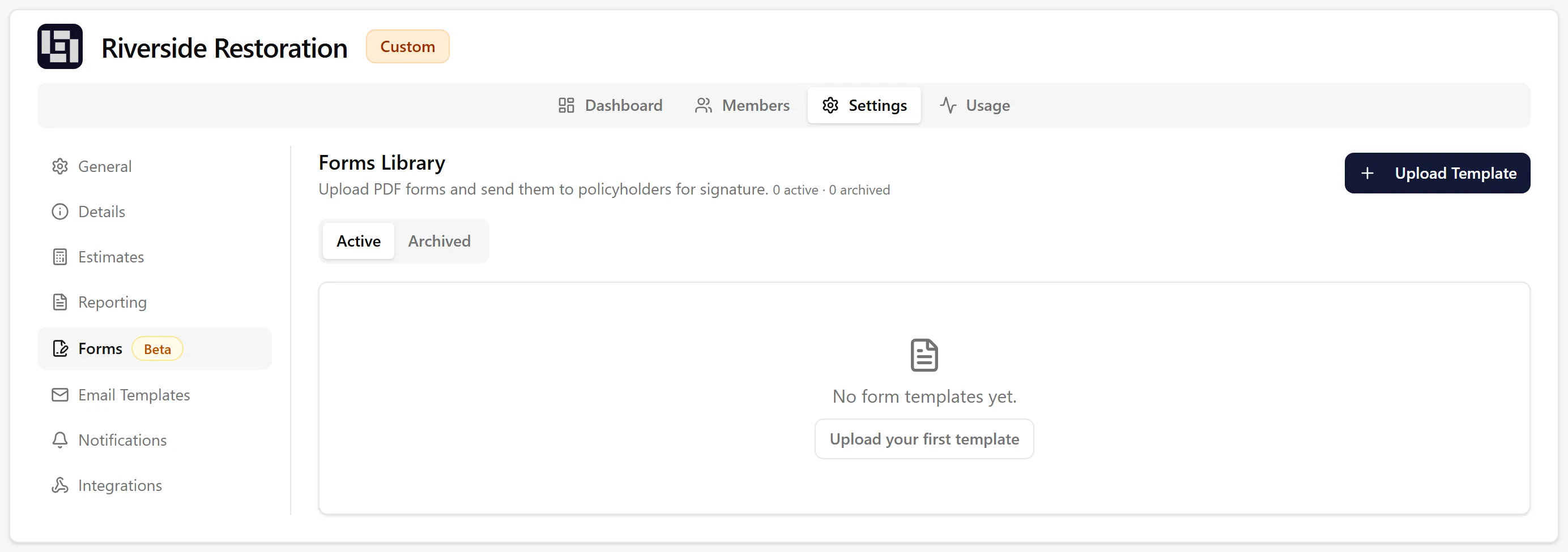 Forms entry in the Organization settings sidebar