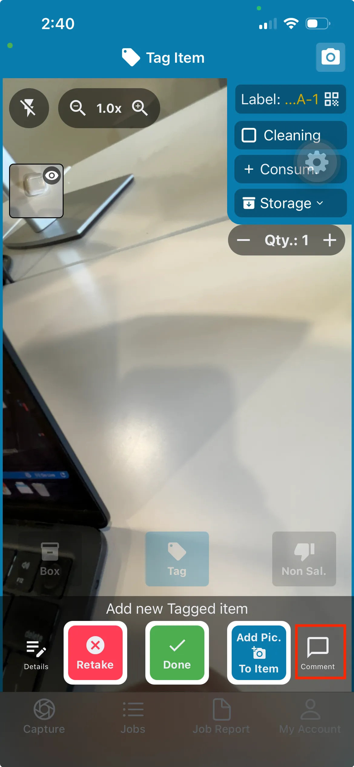 The Comment button in the capture screen’s editing actions