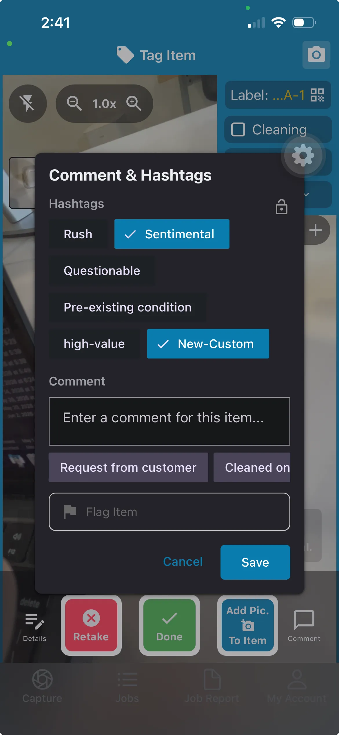 The Comment & Hashtags dialog with hashtag chips