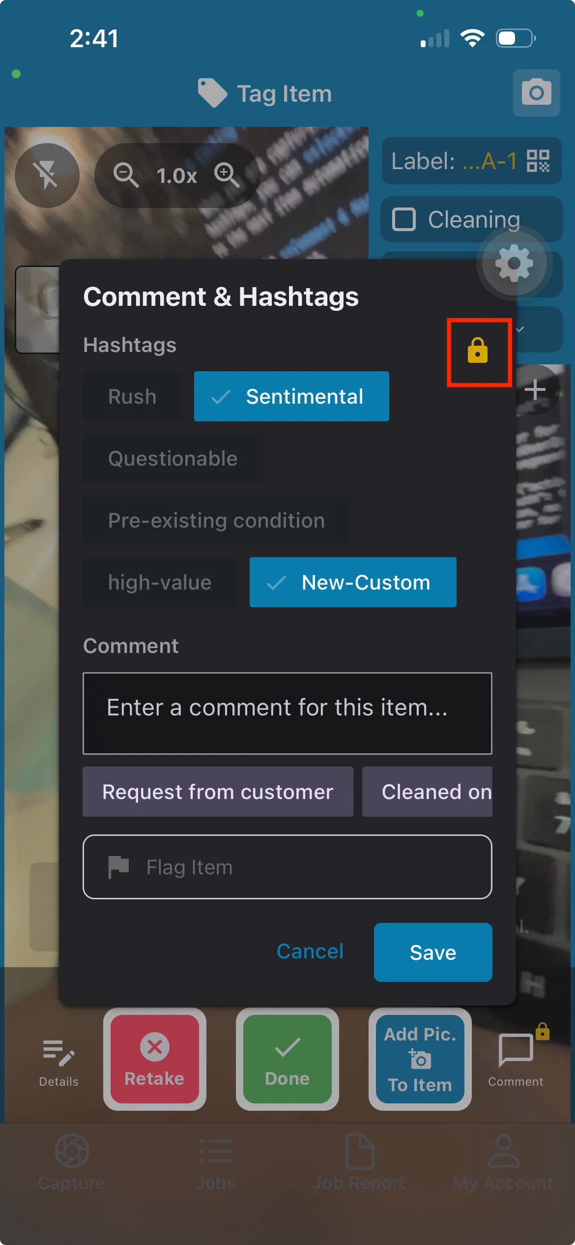 The lock icon engaged next to the Hashtags heading