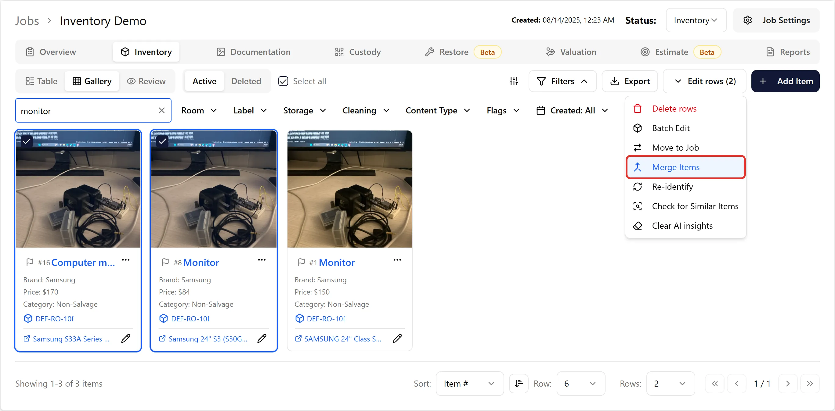 Gallery mode for visual inventory review and merging