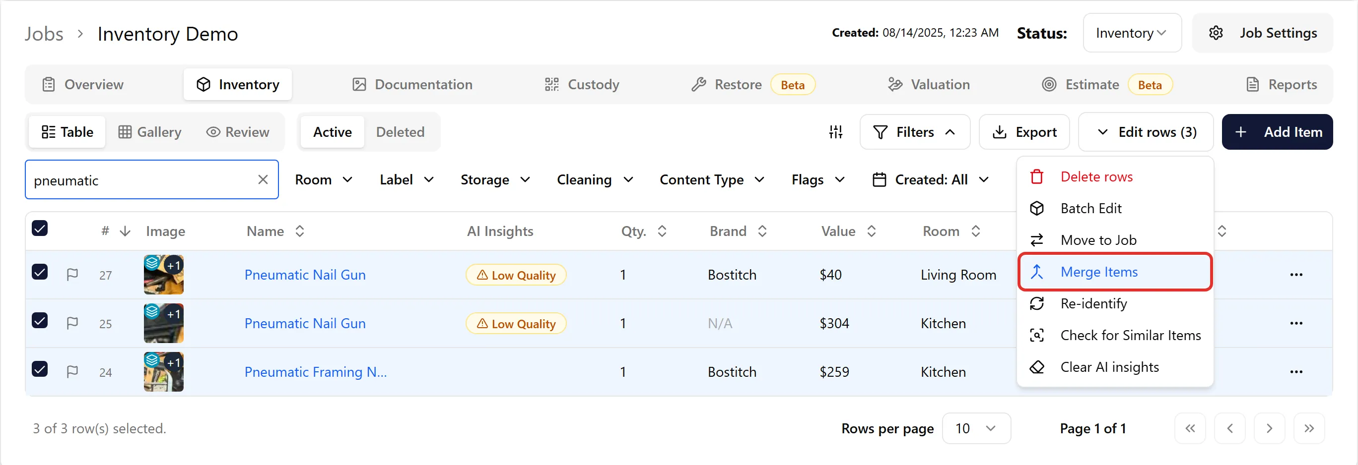 Searching and merging duplicate items in Inventory view