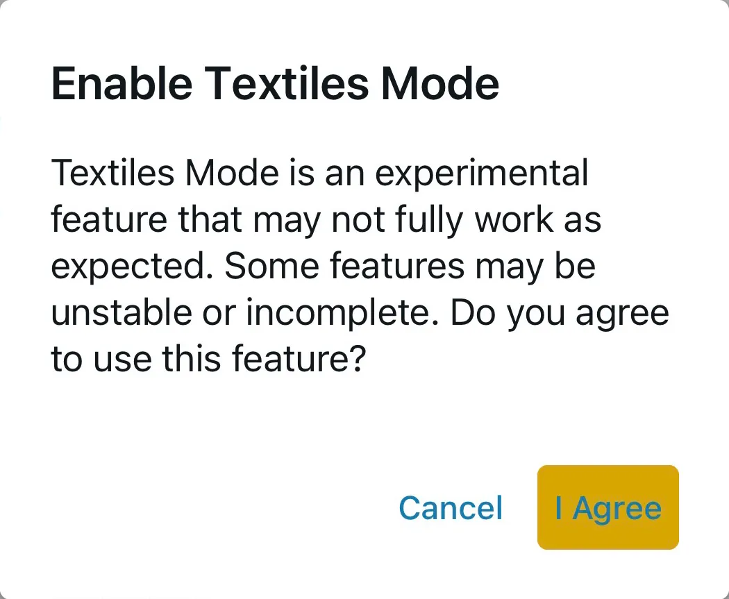 Beta feature warning dialog with I Agree button