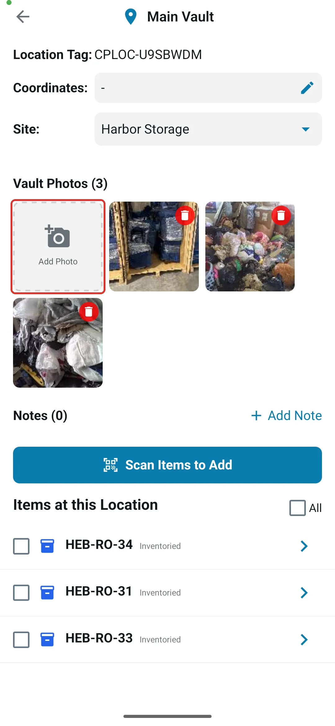 The location’s screen with the Add Photo tile under Vault Photos