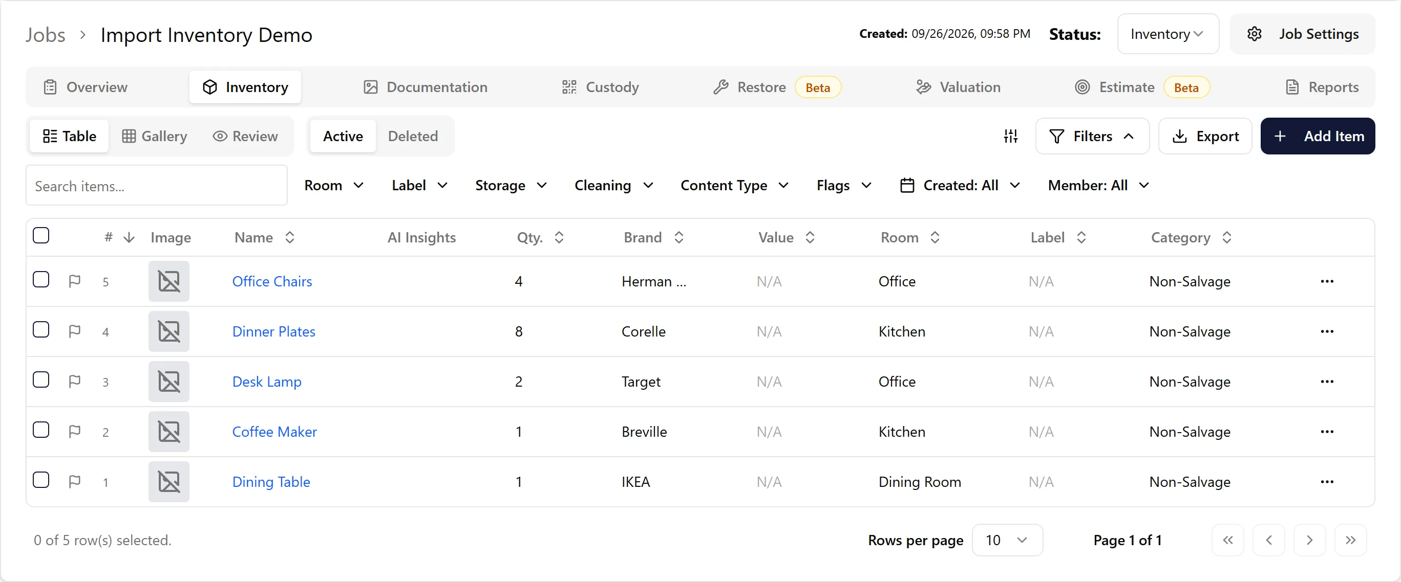 Inventory view showing the imported items in the job