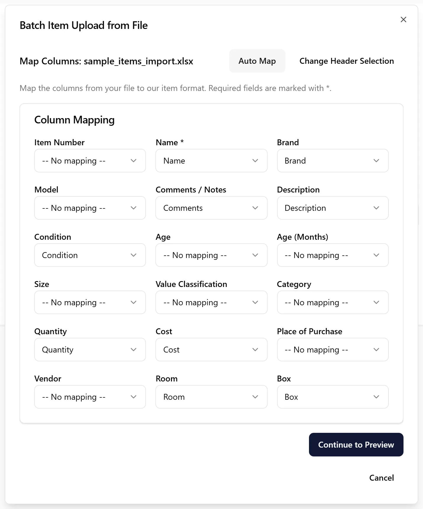 Column mapping screen with Auto Map button and field dropdowns