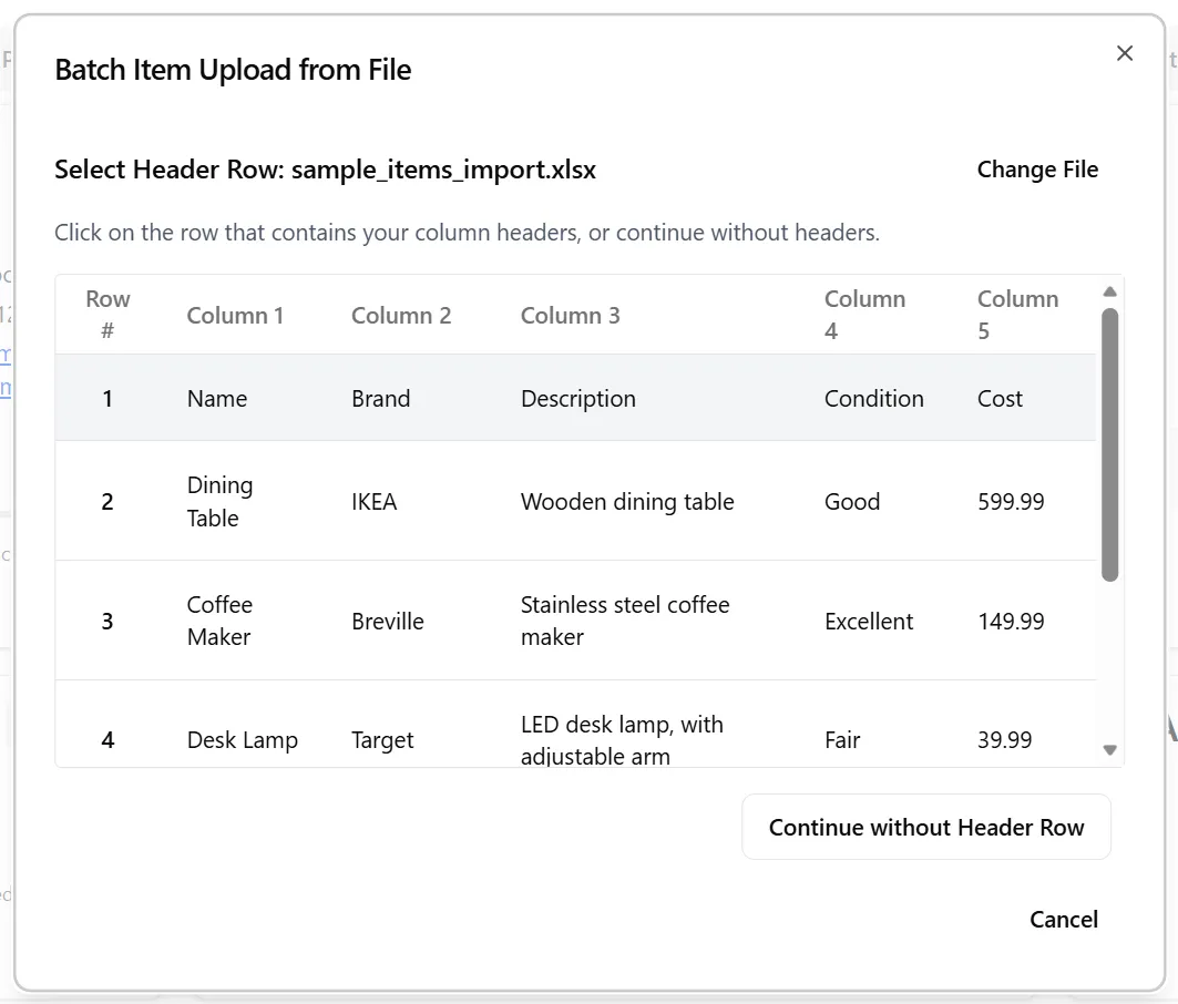 Header row selection showing file data with row 1 highlighted