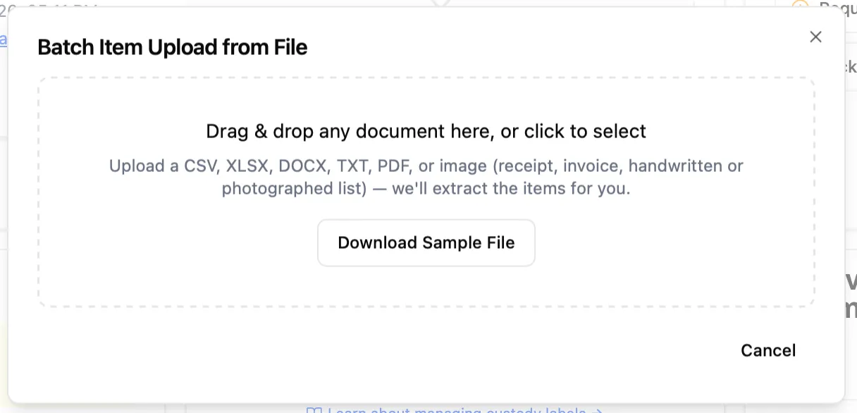 Import dialog with drag and drop area and Download Sample File button