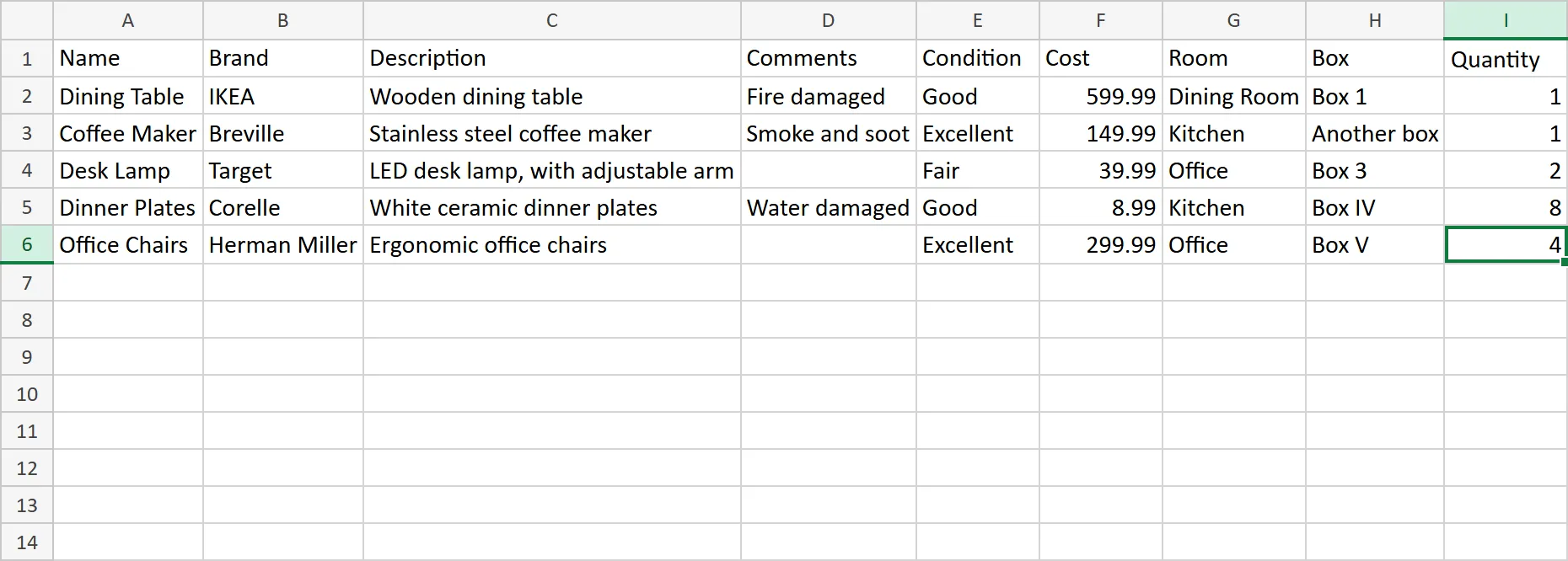 Sample spreadsheet opened in Excel