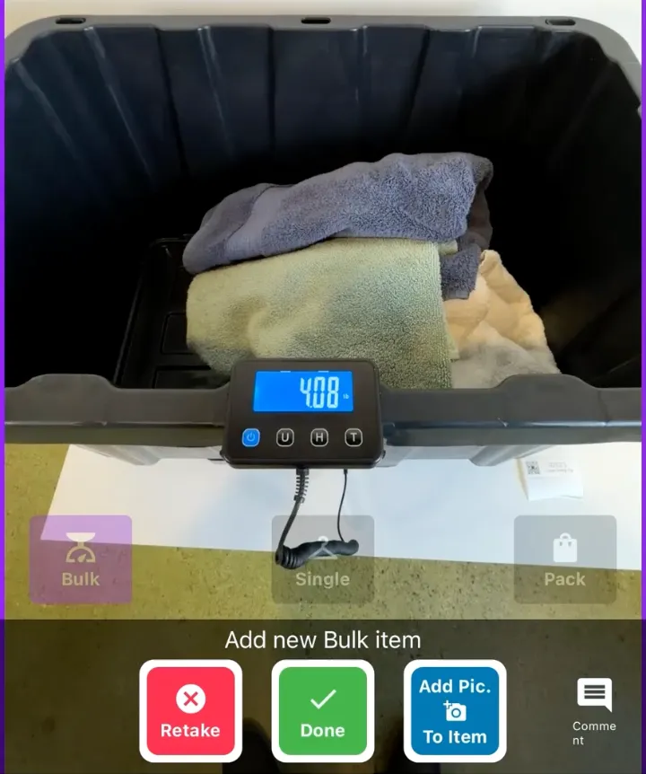 Camera view showing items and scale with weight display
