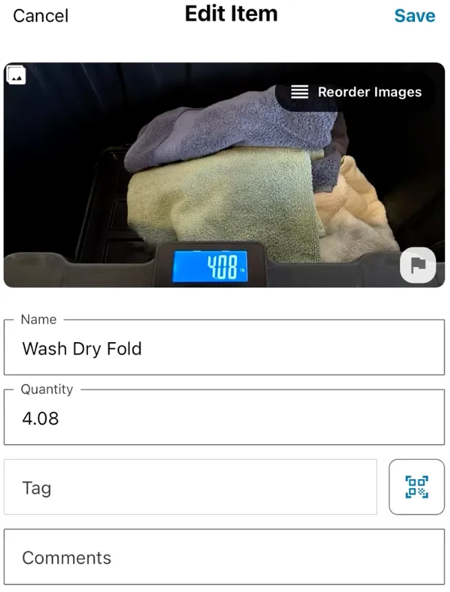 Job Report showing wash/dry/fold entry with weight and laundry code