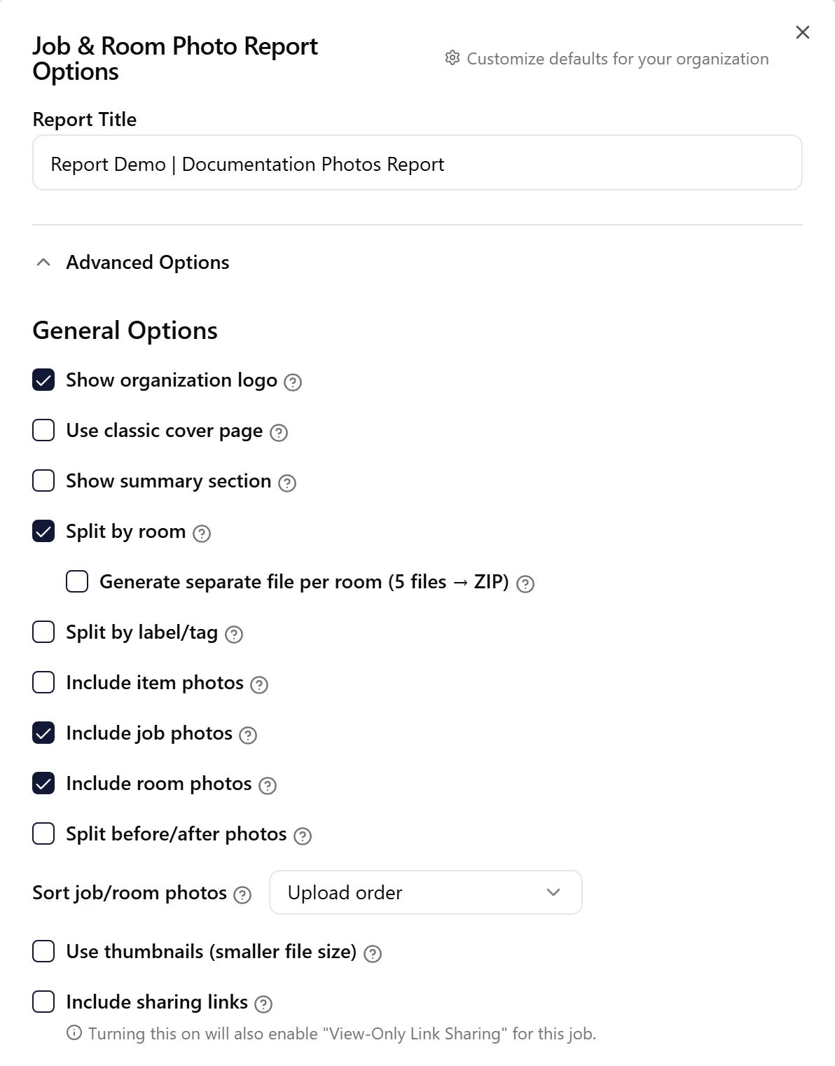 Job & Room Photo Report options