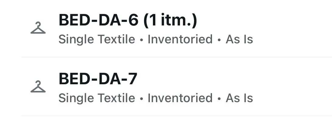 Custody tab showing garment bag with textile label
