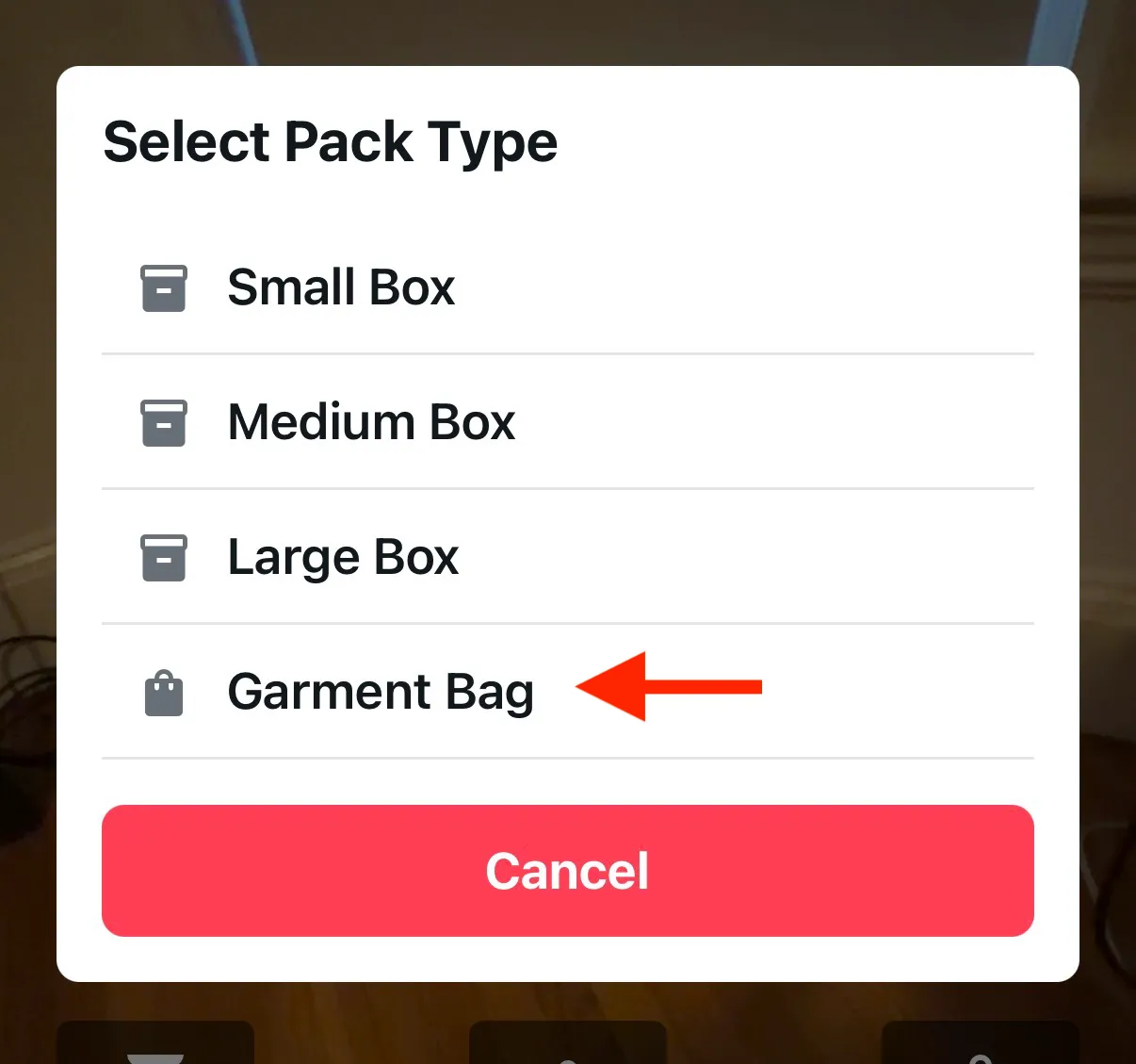 Garment Bag selection screen