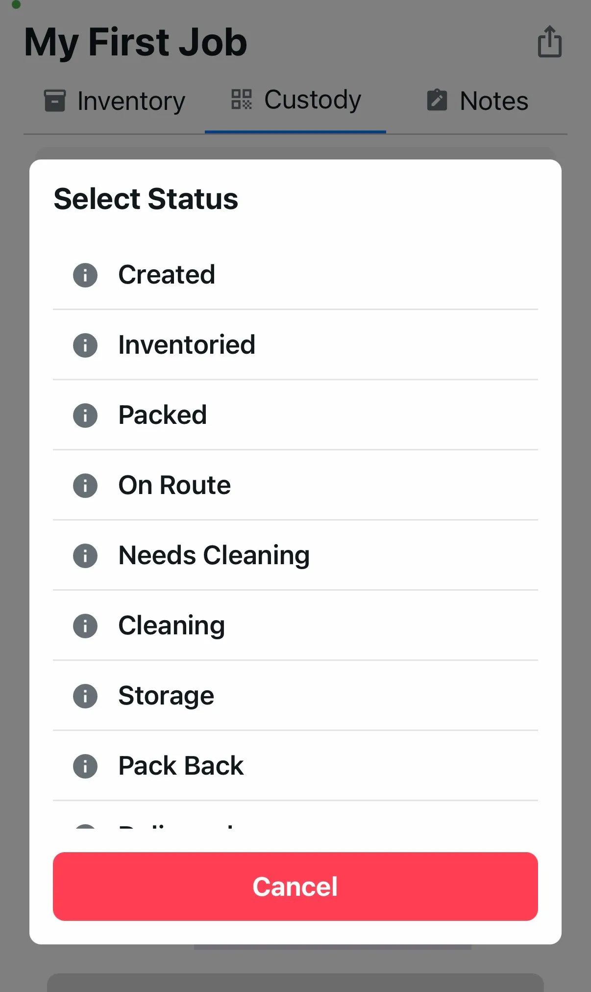 Status dropdown showing Storage, Delivered, Pack Back options