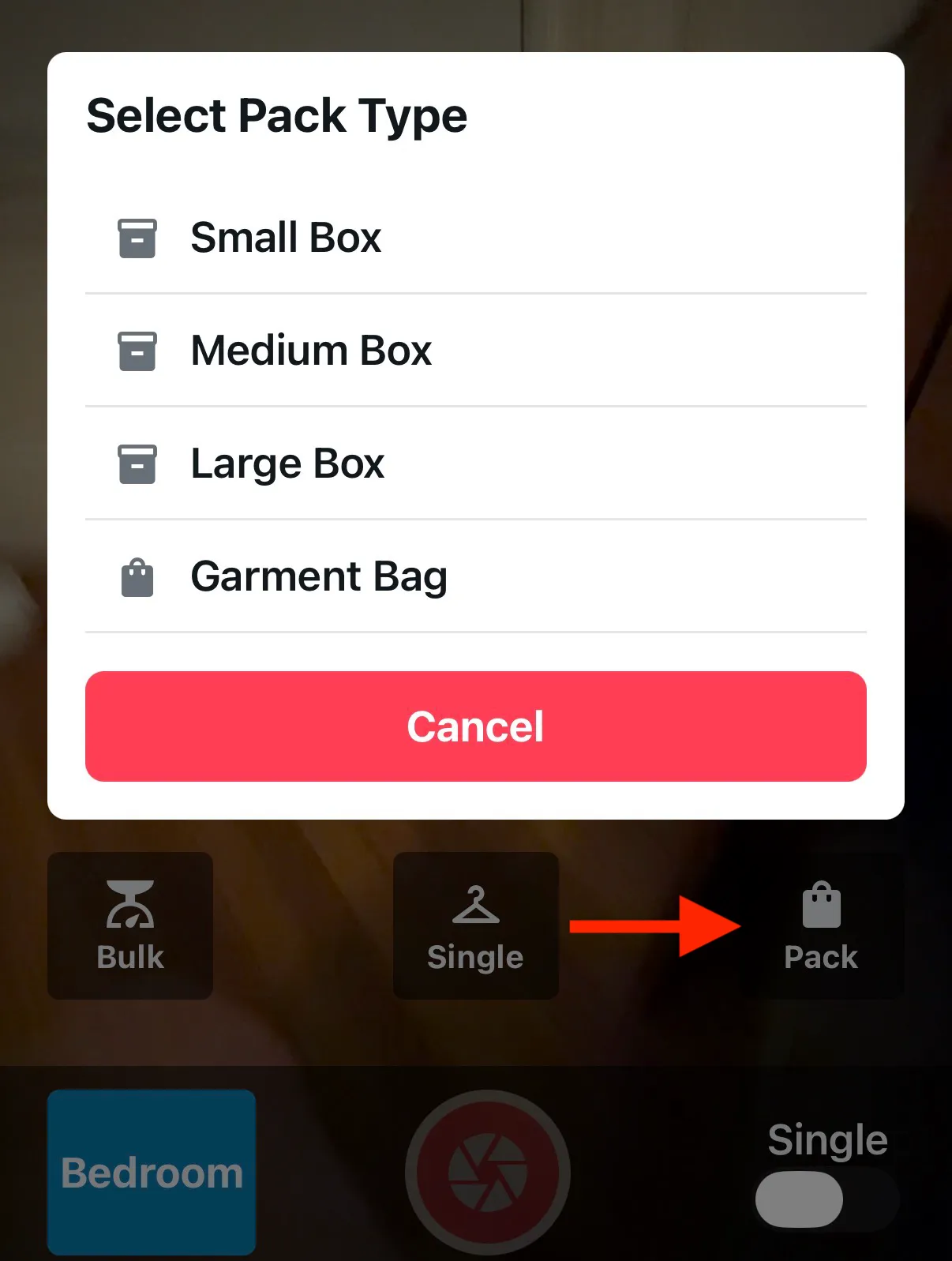 Pack button highlighted at bottom of screen with box size selection