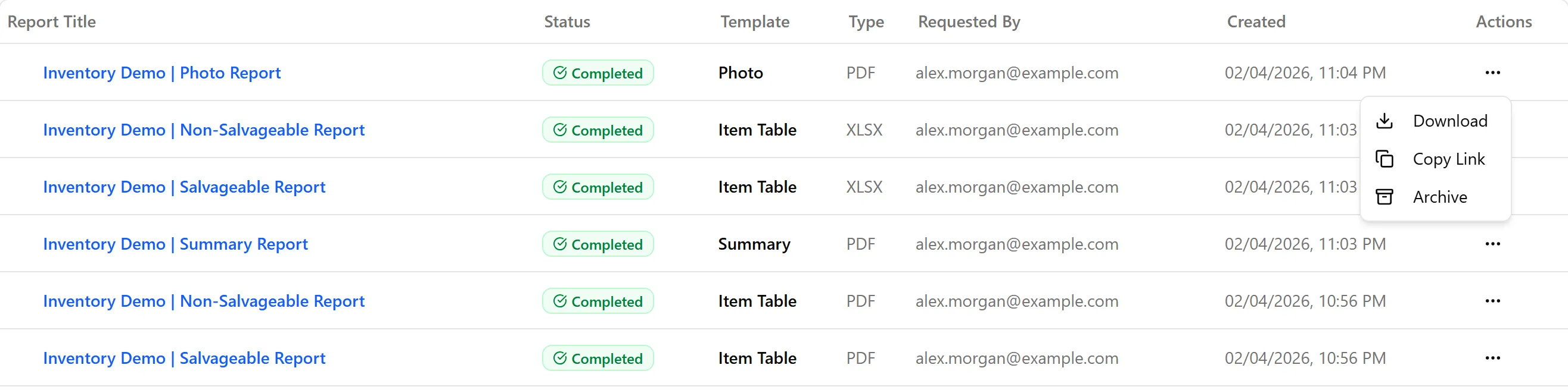 Reports tab showing list of completed reports