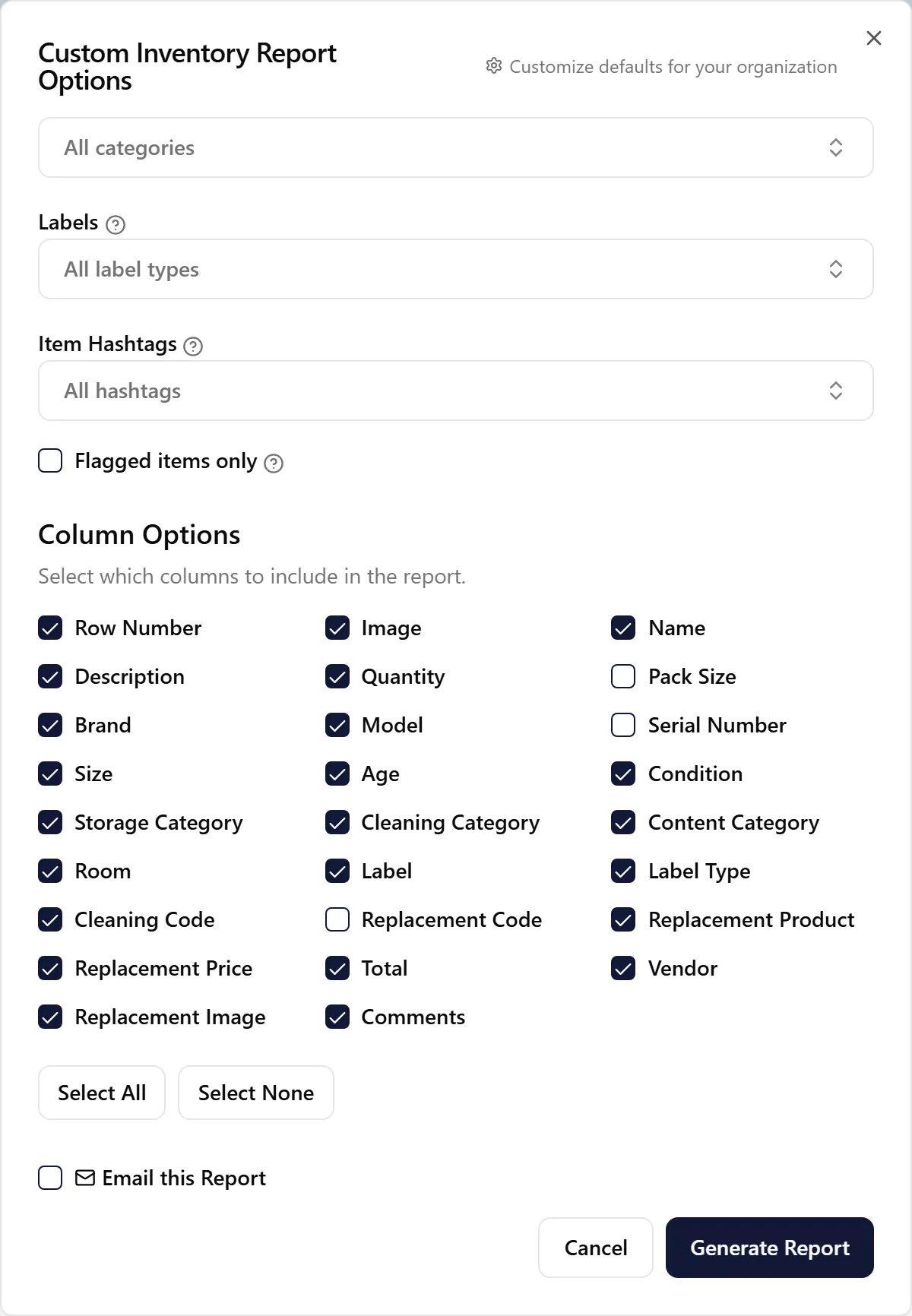 Custom Inventory Report dialog