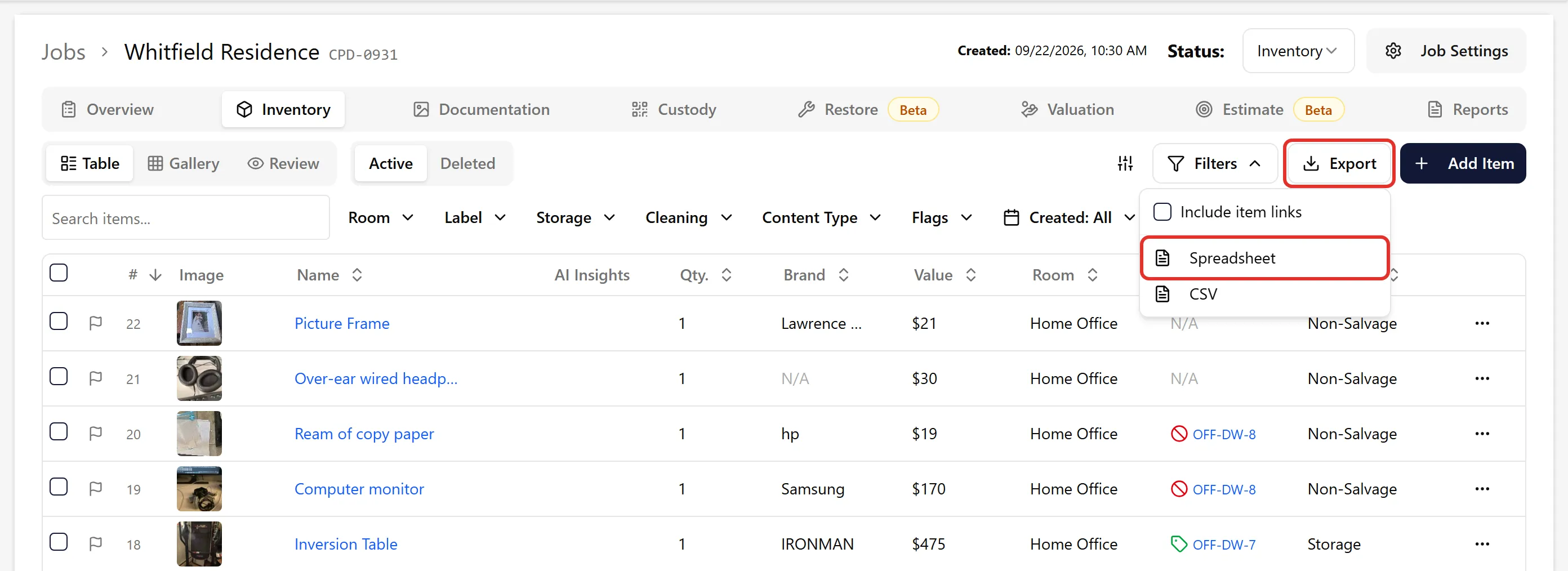 Table export button location
