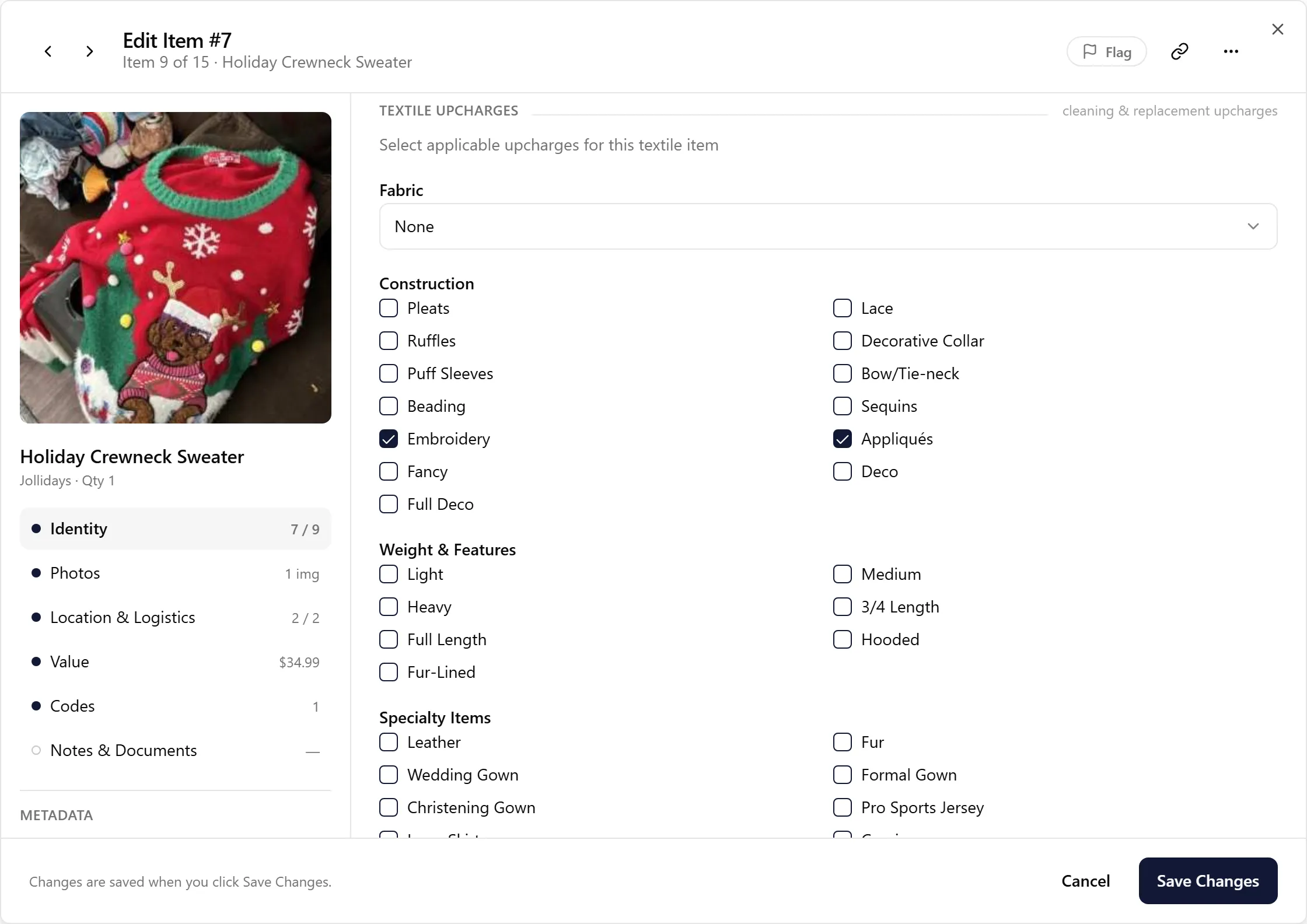 Specialty item editor showing the Textile Upcharges section with fabric and construction options