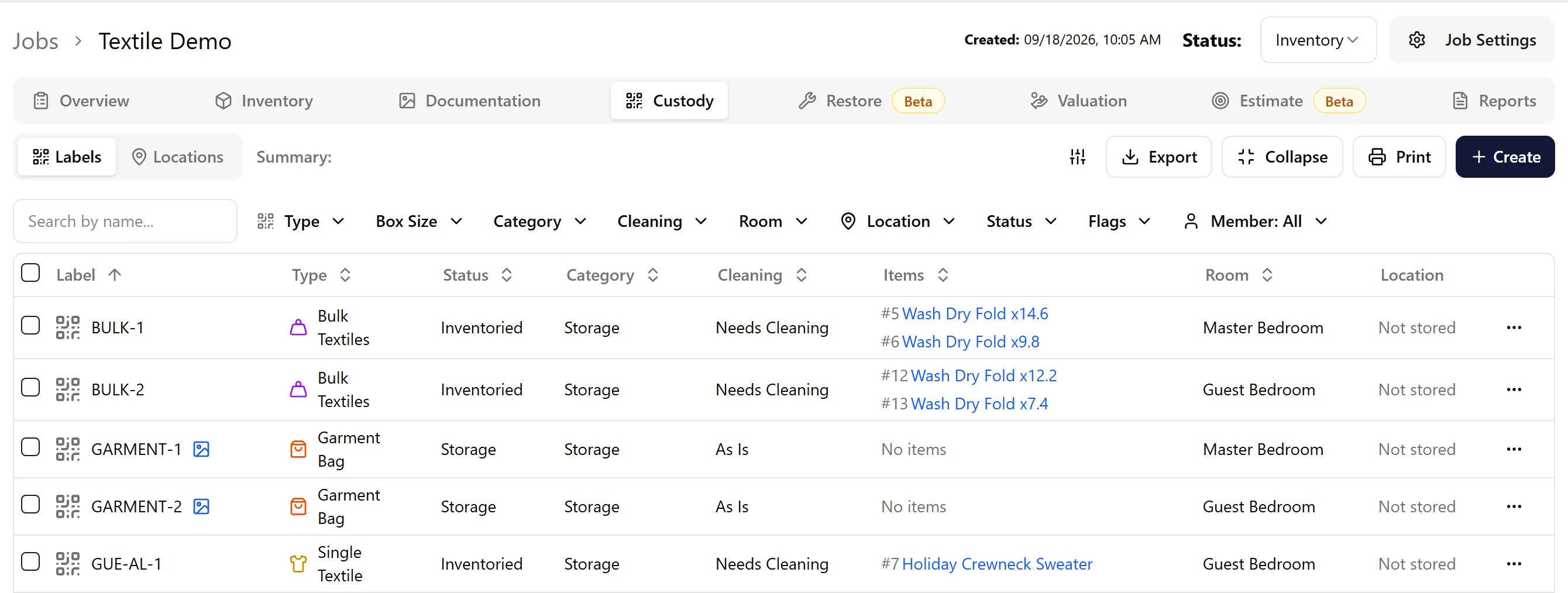 Custody tab showing textile labels