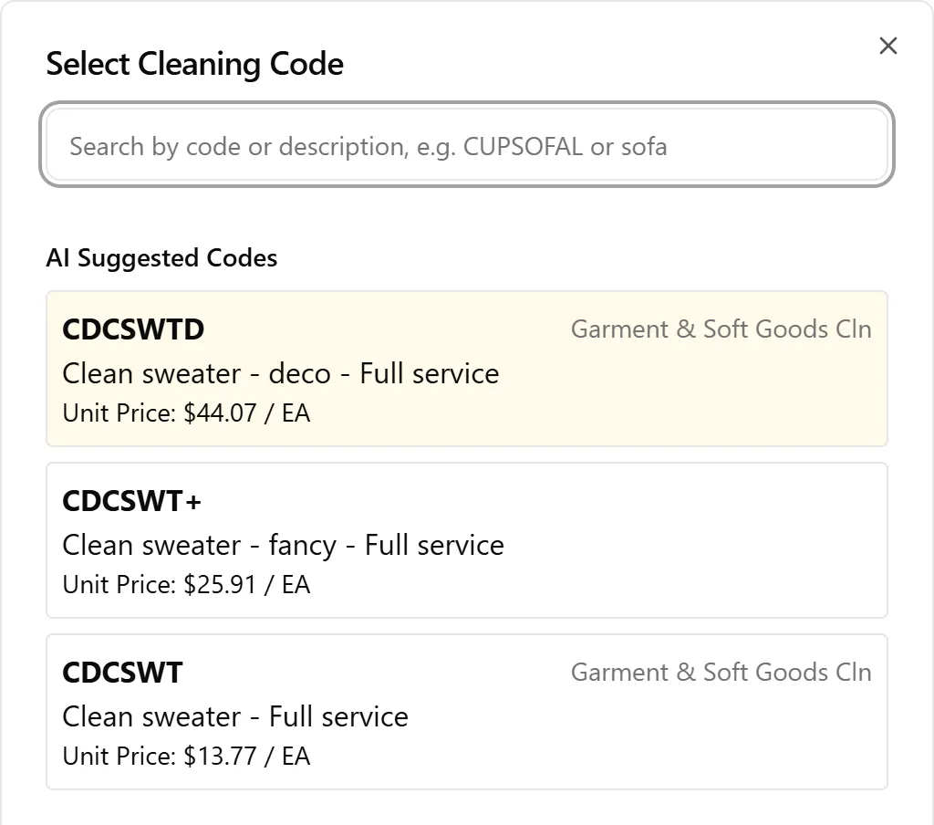 Xactimate code dropdown with search option