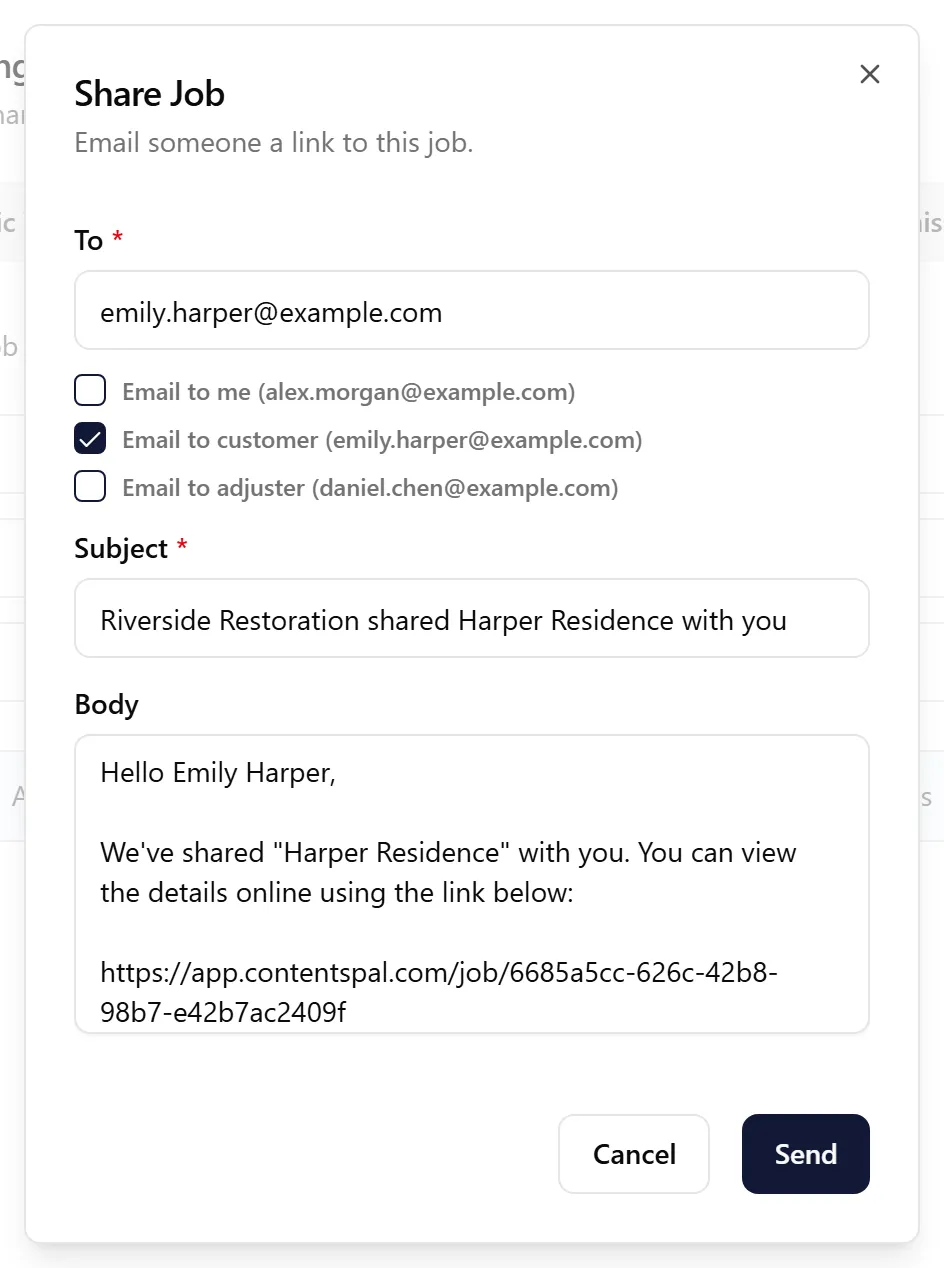 Share Job dialog with To, recipient quick picks, Subject and Body fields