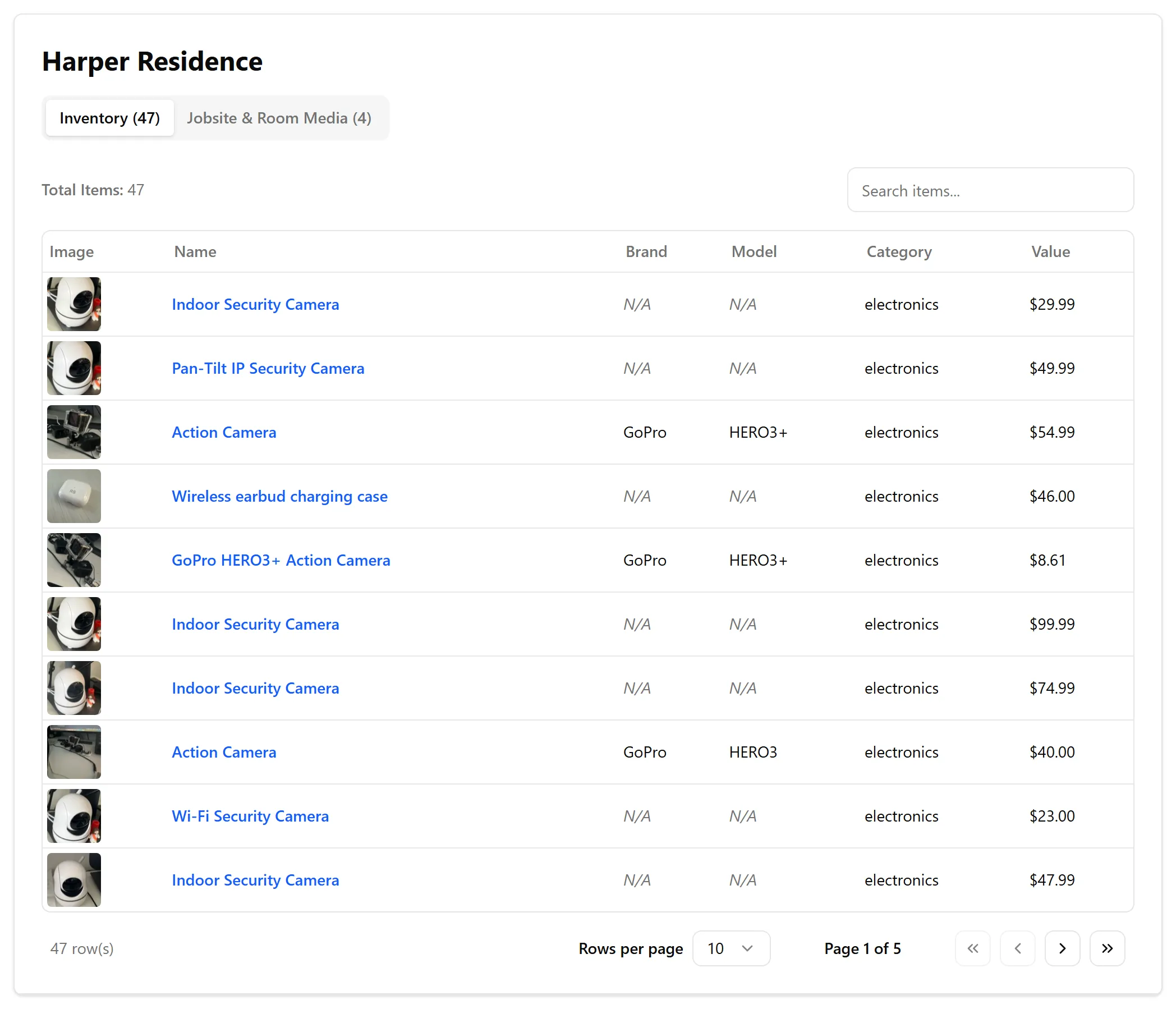 Public job view showing the Inventory tab with a table of items
