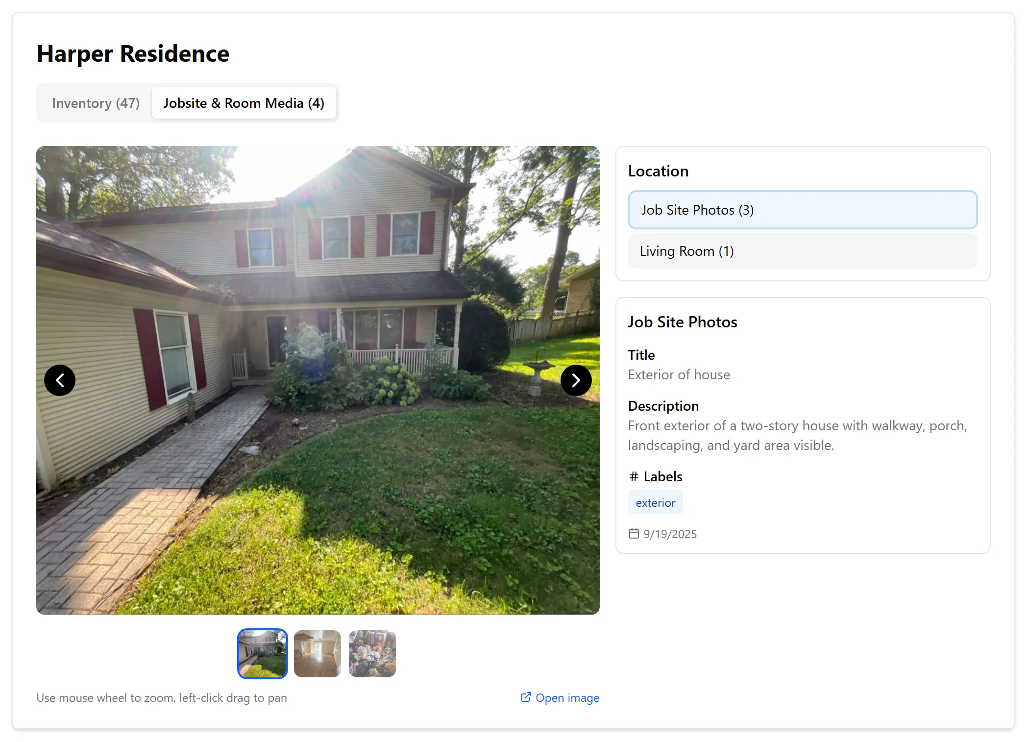 Public job view showing the Jobsite & Room Photos tab with location sidebar