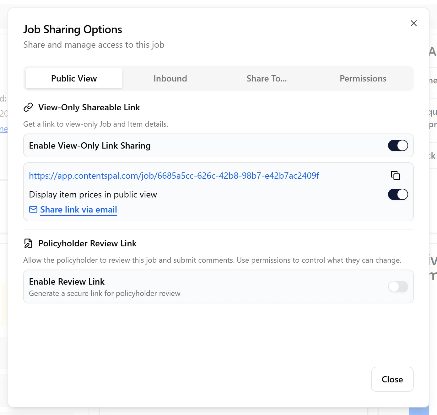 Sharing dialog with both public link and pricing toggles enabled