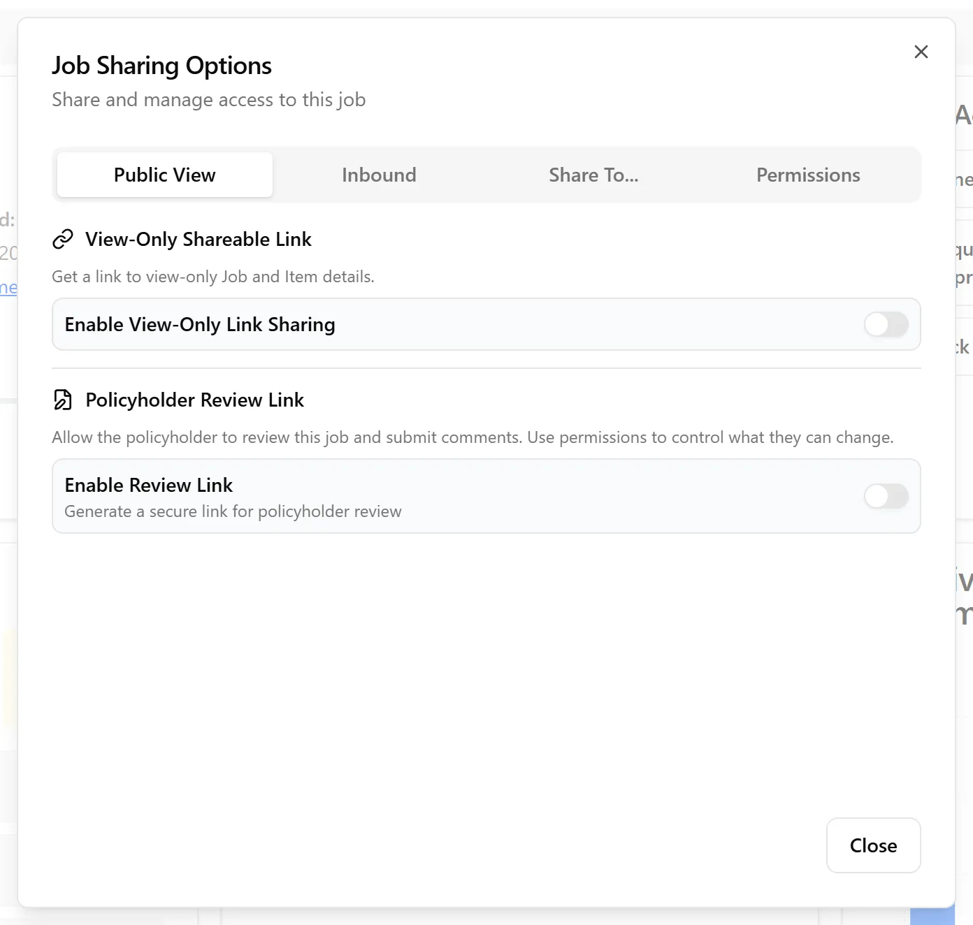 Sharing dialog showing the Public View tab with toggles off
