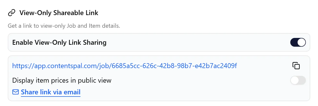 Public link enabled with the shareable URL and copy button