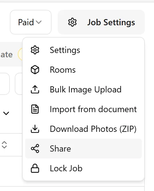 Job Settings dropdown with Share option highlighted