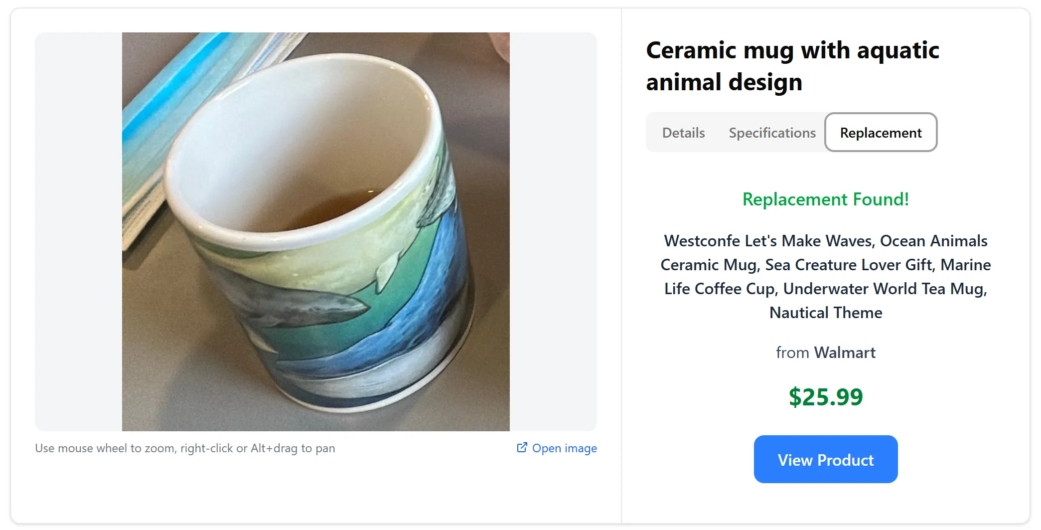 Public item view showing replacement product details and pricing