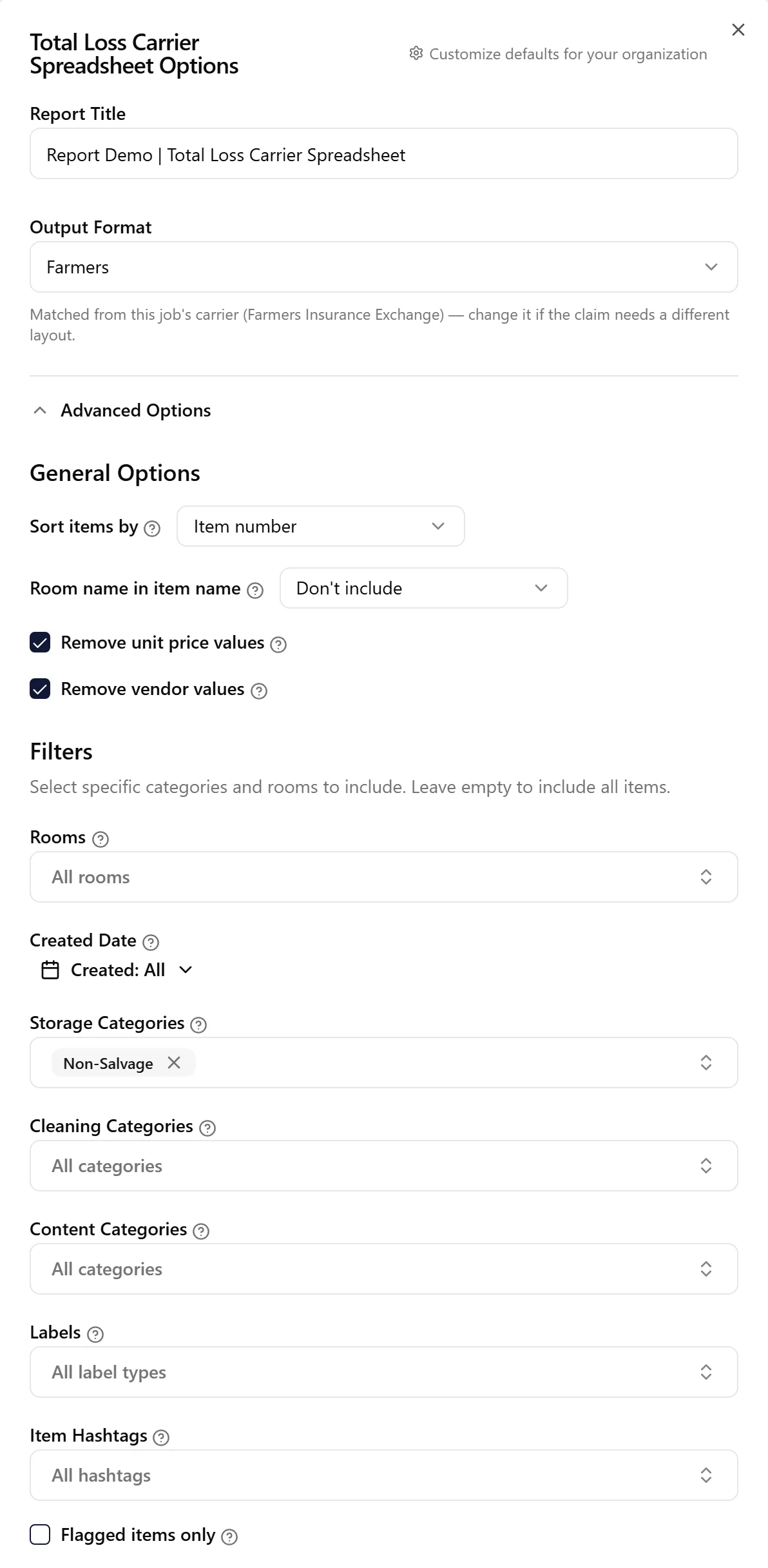 Standard Format Spreadsheet export options