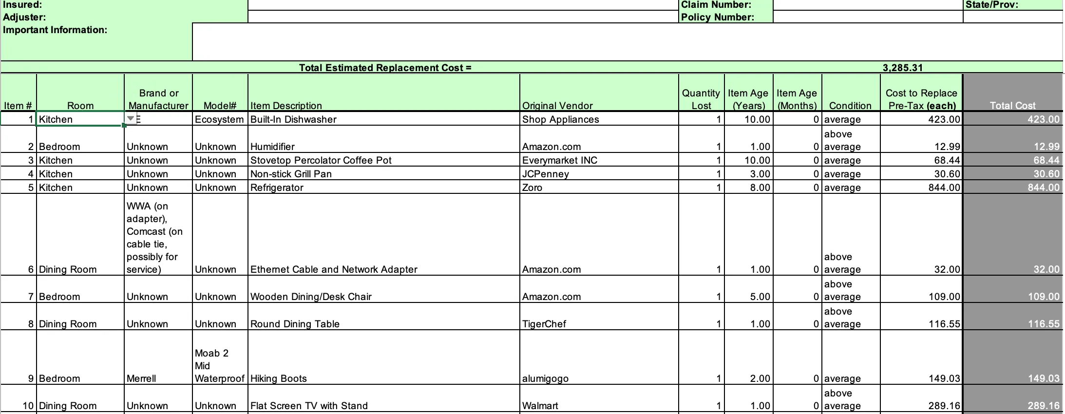 Example Standard Format Spreadsheet