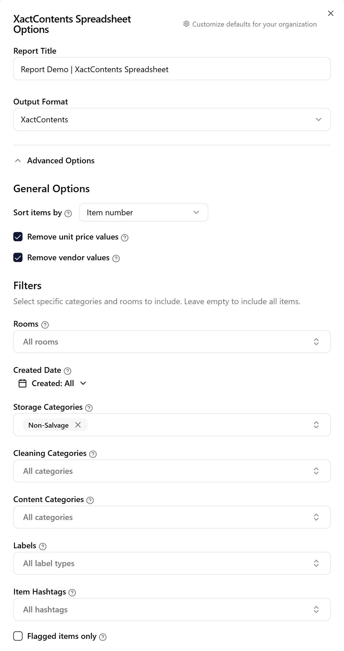 XACT Contents Spreadsheet export options