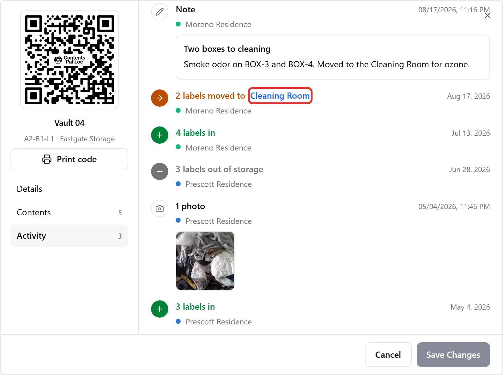 Older activity: a note, labels moved to another location, labels out of storage, and a photo