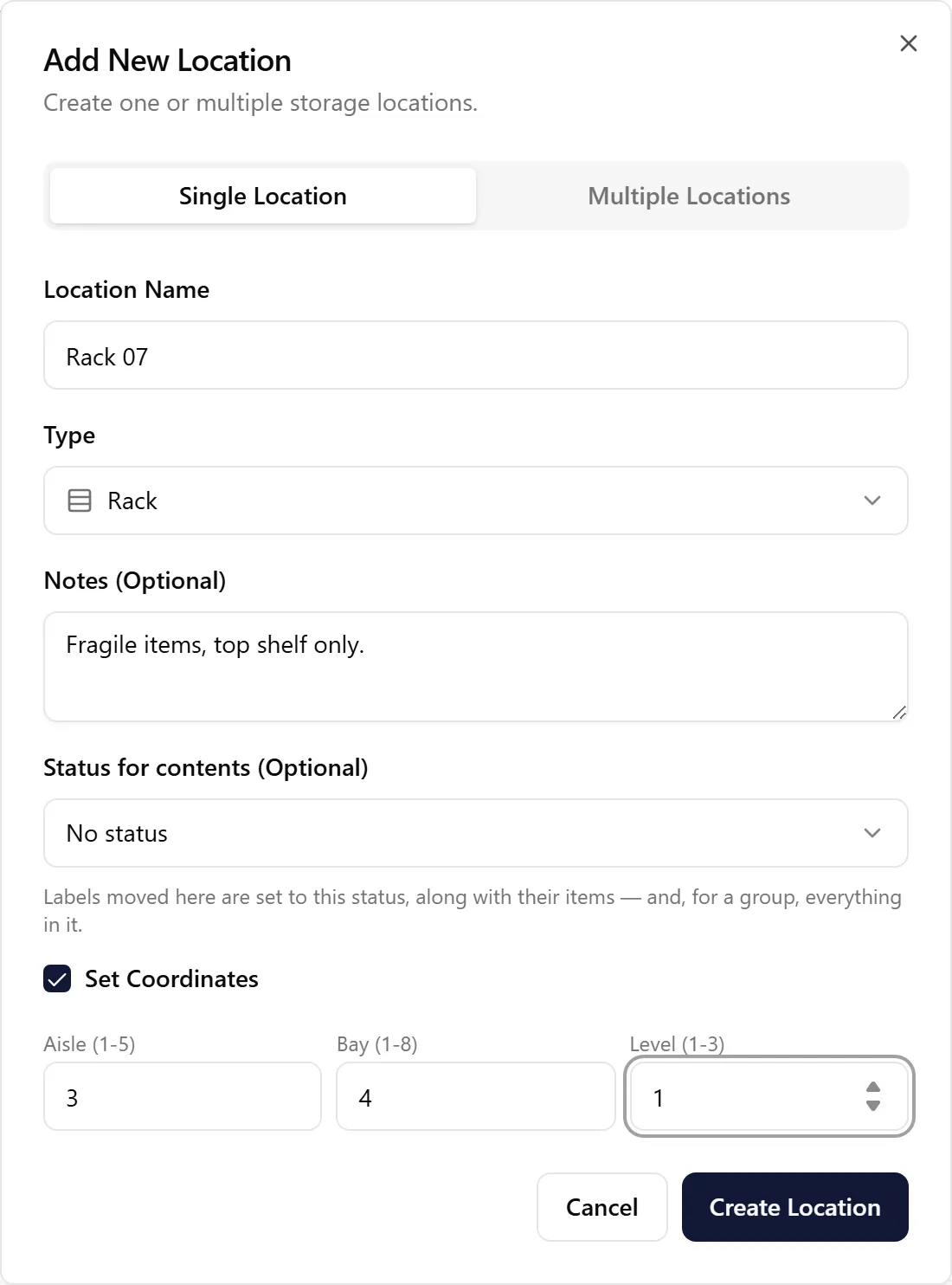 El cuadro de diálogo Add New Location con un nombre, el tipo Rack, una nota y coordenadas completados