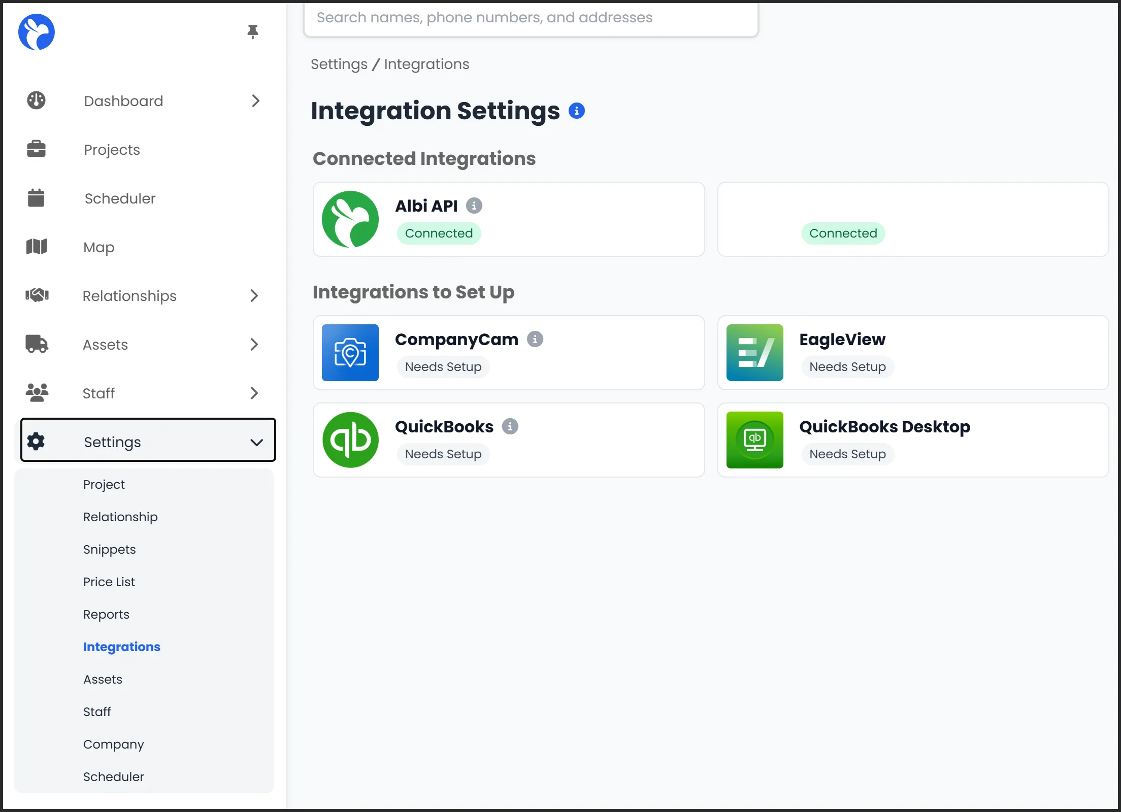 Albi’s Settings → Integrations page, where the Albi API key lives