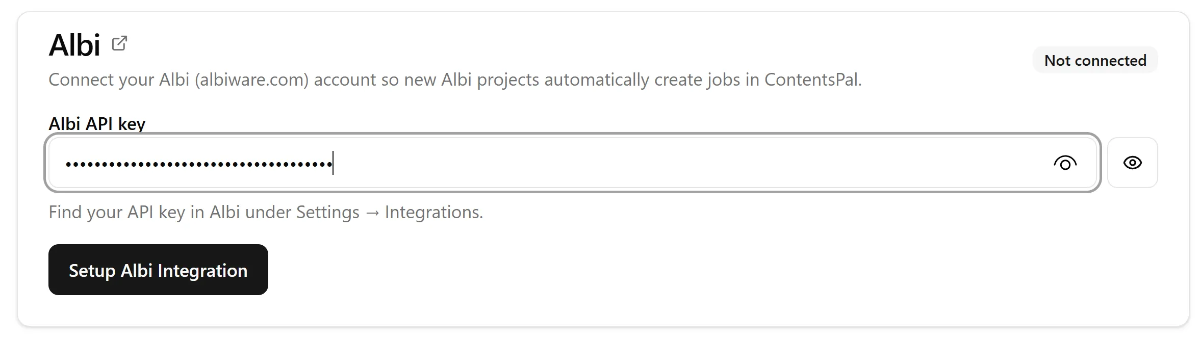 Entering the Albi API key and clicking Setup Albi Integration