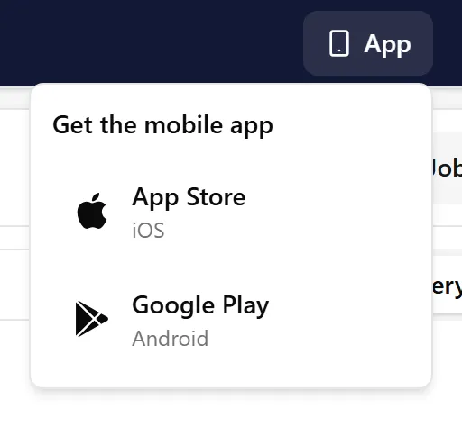 The App menu in the web app’s top bar, with App Store and Google Play links